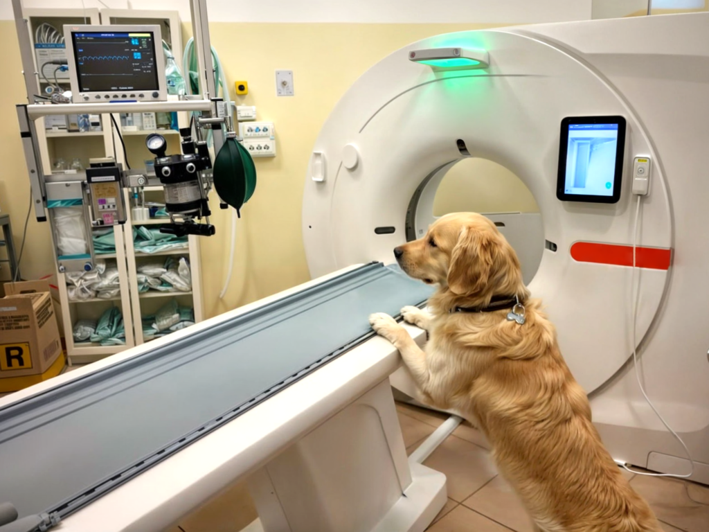 Un golder retriever guarda la tac veterinaria della clinica veterinaria cardiovet